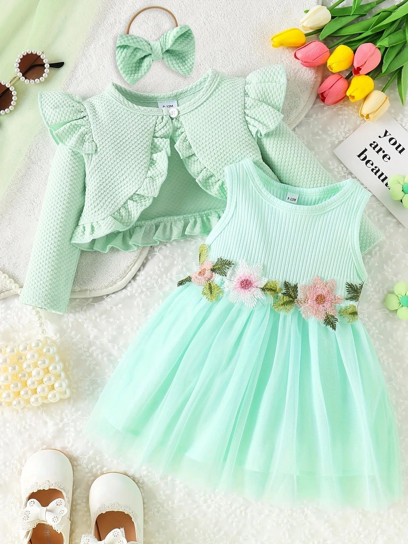 Baby Girl Summer Waist Flower Tank Top Mesh Dress+Same Color Coat and Same Color Hair Accessories Sweet Set infants girls