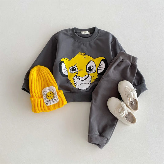 Cartoon printed Simba sportswear Disney loose and fashionable children's long sleeved pants for boys and girls set boys dress