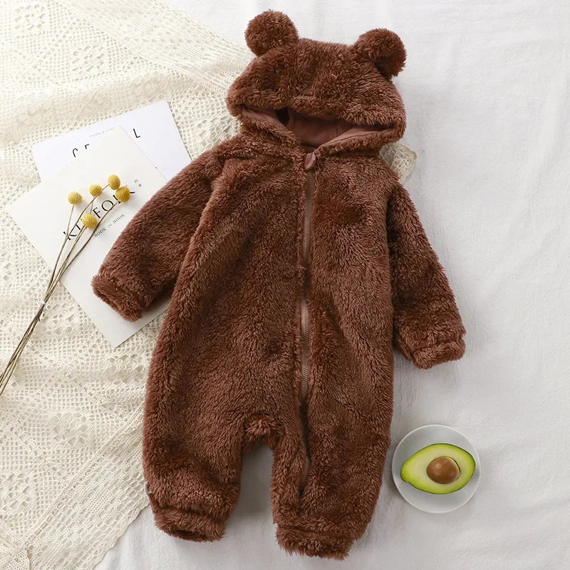 Thick Warm Baby Rompers Cute Winter Infant Jumpsuits Hooded Coral Fleece Bear Shape Newborn Soft Pajamas Overalls Clothing infants boys