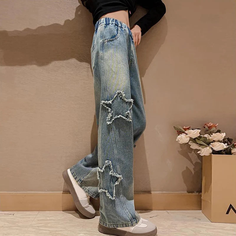 High Waist Jeans Girl Straight Loose Wide-leg Pants Spring and Autumn Korean Baggy Jeans Fashion Kids Denim Trousers bottoms girls