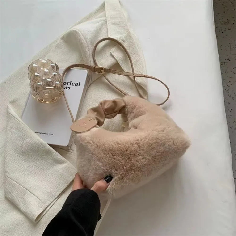 New Fashion Women Lady Shoulder Underarm Bag Solid Color Soft Plush Handbag Fluffy Totes Purse Autumn Winter Shopping Bags