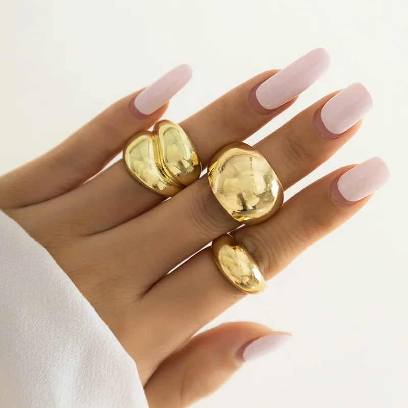 6Pcs/Set Gold Color Smooth Geometric Open Rings Set For Women Exaggerated Metal Irregular Thick Chunky Ring Jewelry Gift