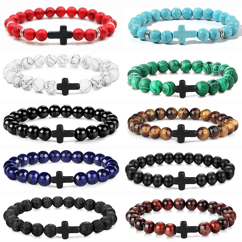 Prayer Men Natural Stone Wood Beads Rosary Hematite Cross Bracelets Onyx Meditation Bracelet Women Yoga Jewelry Homme Pulsera bracelete