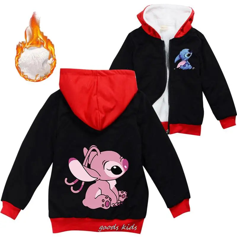 Lilo And Stitch Kids Jackets Boys Winter Thick Coats Warm Fur Outerwear For Youth Girls Hooded Jacket Children's Clothes 2-16Y  girls jackets and coats