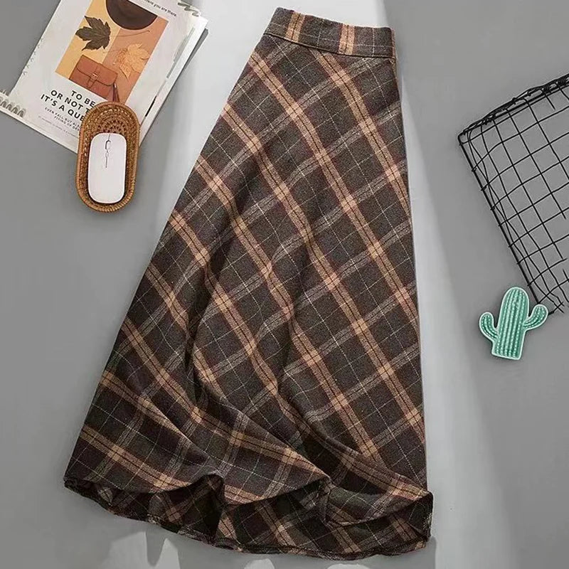 Autumn Winter Woolen Skirt Thick High Waist Long Skirt Woman A Line Pleated Plaid Skirt