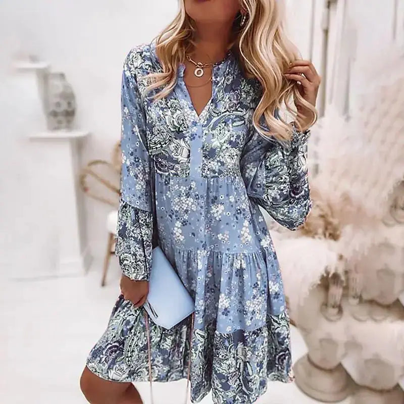 Abiti casual con stampa floreale per le donne, abito estivo primaverile boho con scollo a V, abito lungo con linea ad A, elegante abito da festa in spiaggia, abito lungo da donna