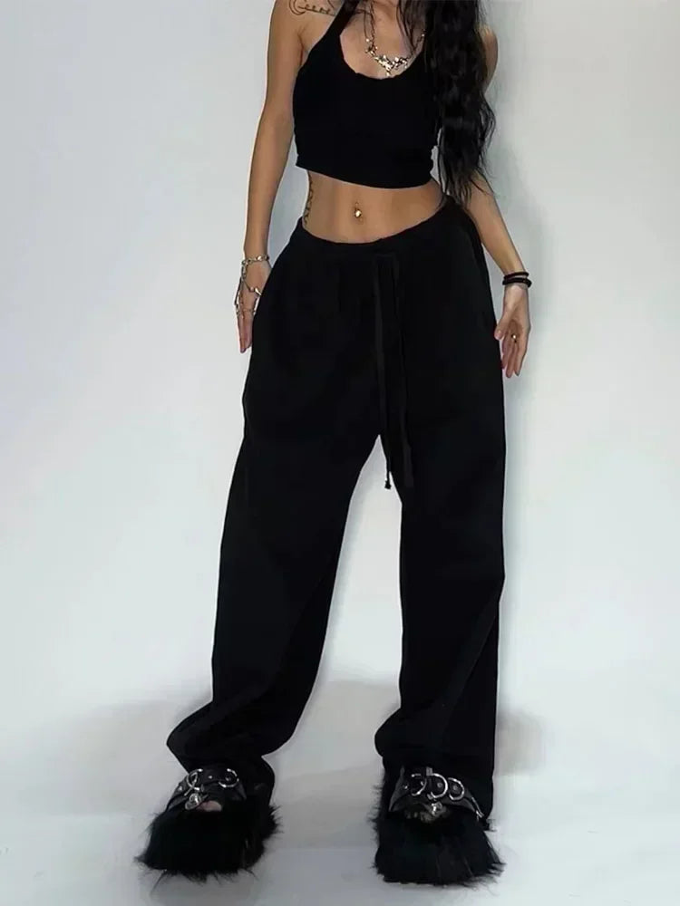 Deeptown Casual Gray Sweatpants Women Wide Leg Black Joggers Classic Baggy Streetwear Oversized Sports Female Trousers All-match bottom