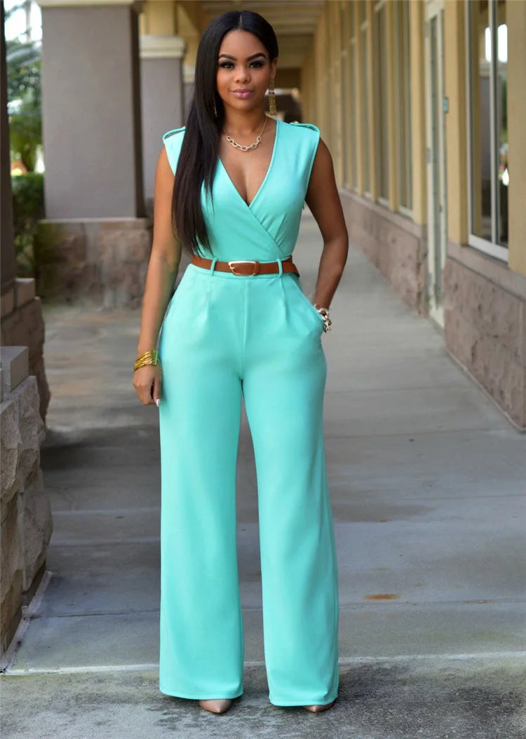 New summer new high-waisted solid color casual women's European and American V-neck sleeveless sexy Slim jumpsuit