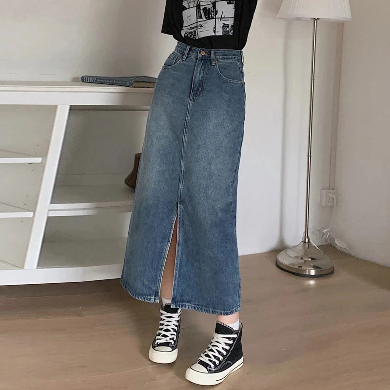 Women's Denim Wrap Skirts Retro High Waisted Split A-Line Denim Skirt Autumn Fashion Straight Skirt