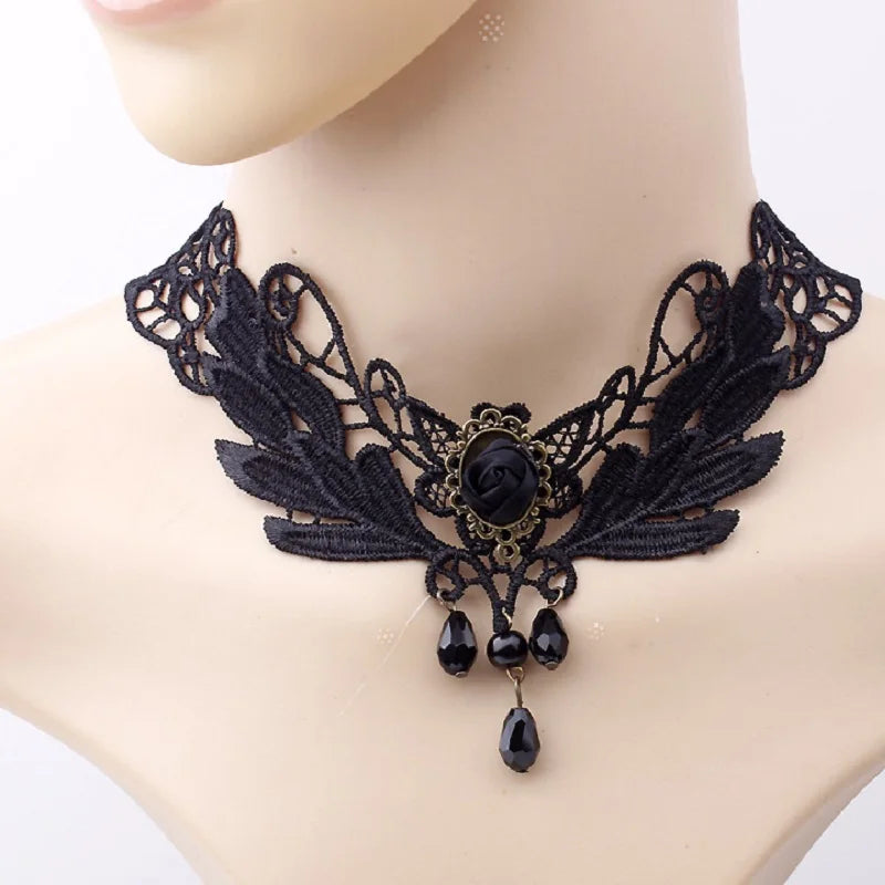 Gothic Victorian Black Lace Necklace Women Girl Boho Crystal Tassel Sexy Lace Choker Dark Loli Style Jewelry  necklace