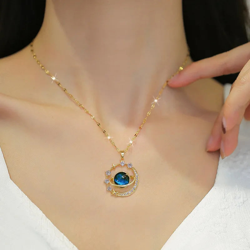 Luxury Inlaid Zircon Planet Moon Pendant Necklace For Women Titanium Steel Butterfly Water Drop Clavicle Chain Charm Jewelry  necklace