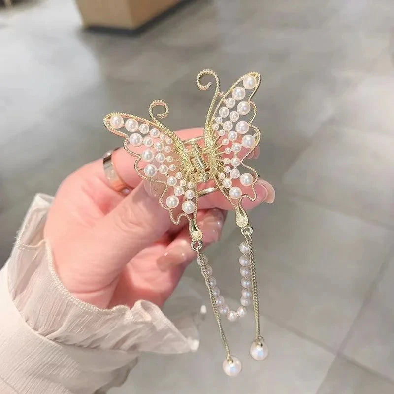 Hollow Butterfly Tassel Hairpin Korean Girl Rhinestone Ponytail Hair Grabber Elegant Pearl Hair Accessories for Women hairclips