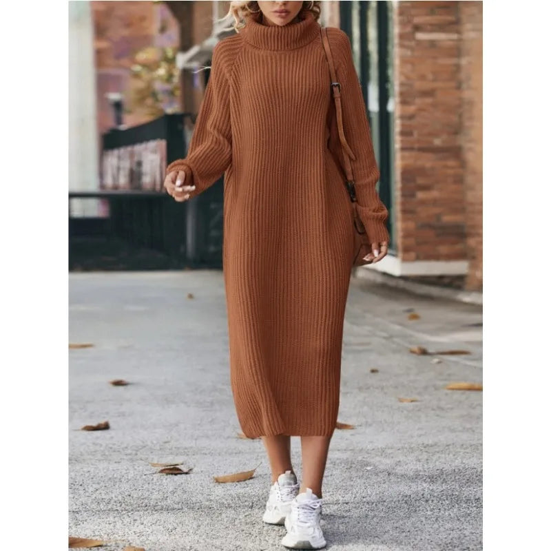 Maglione lungo da donna, a tinta unita, con collo alto, autunno e inverno, nuovo abito da donna, a maniche lunghe, lavorato a maglia, abito lungo