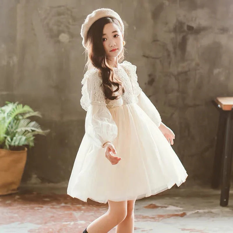 Spring Autumn Kids Girls Dresses Lantern Sleeve Lace Princess Dress Pearl Sweet O-neck Mesh Party Children's Clothing Vestidos girls dresses