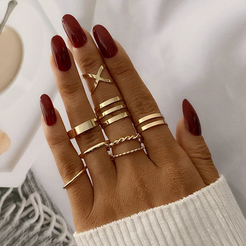 6Pcs/Set Gold Color Smooth Geometric Open Rings Set For Women Exaggerated Metal Irregular Thick Chunky Ring Jewelry Gift