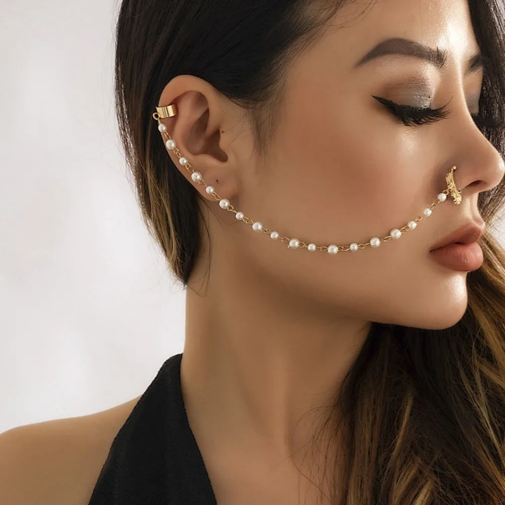 Indian Style Nose Chain Earrings Nose Clip For Women Pearl Butterfly Tassel Nose Ring Non Pierceing Dangle Earrings Jewelry  indian jewellery