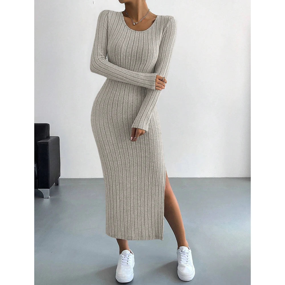 Mia Muse Women's Dresses Autumn French Plain Stripe Split Long Sleeve Scoop Neck Bodycon Full Length Maxi Casual long dress