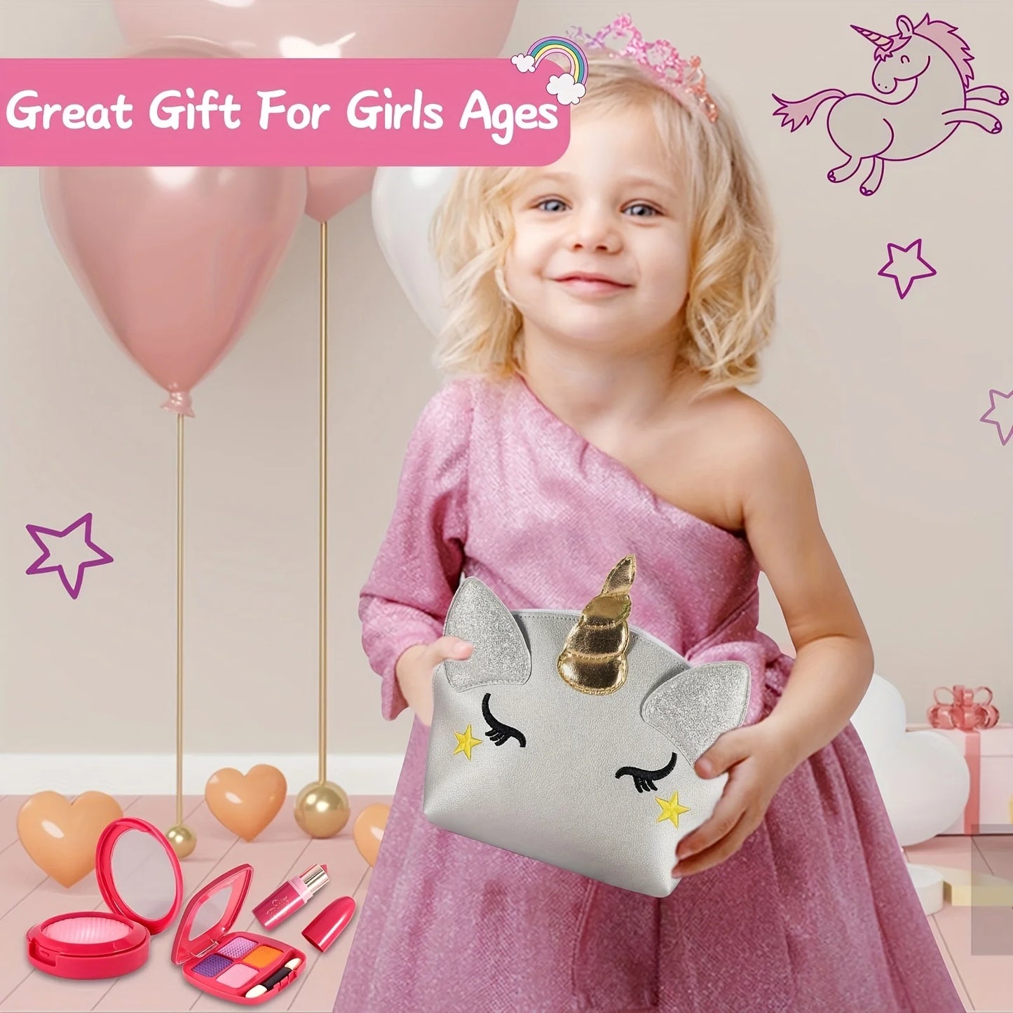 Girl Pretend Makeup for Toddlers Kids Play Makeup for Little Girls with Unicorn Purse Bag Toddler Makeup Kit Fake Make Up Toys kids makeup