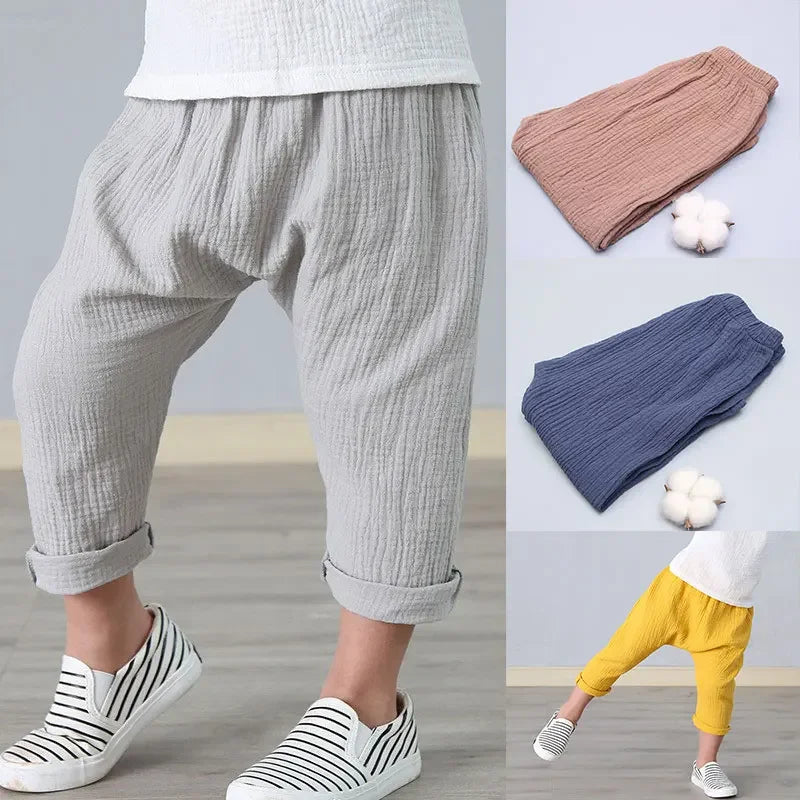 Kids Pants Boy Girl Summer Solid Color Linen Pleated Trousers Children Ankle-length Pants for Baby Casual Harem Pants  bottom boys