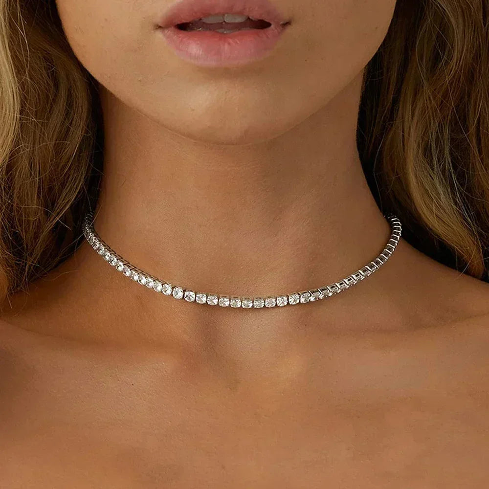 2mm Moissanite Diamond Tennis Necklace for Women 925  Sterling Silver Plated 18k Gold Choker Necklace Collar Chain Adjustable necklace