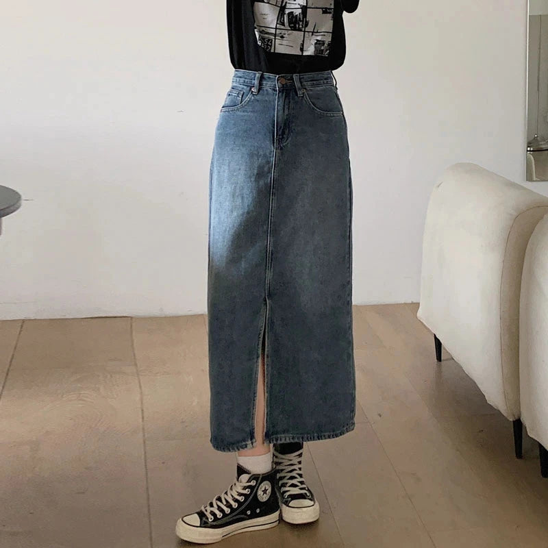 Women's Denim Wrap Skirts Retro High Waisted Split A-Line Denim Skirt Autumn Fashion Straight Skirt