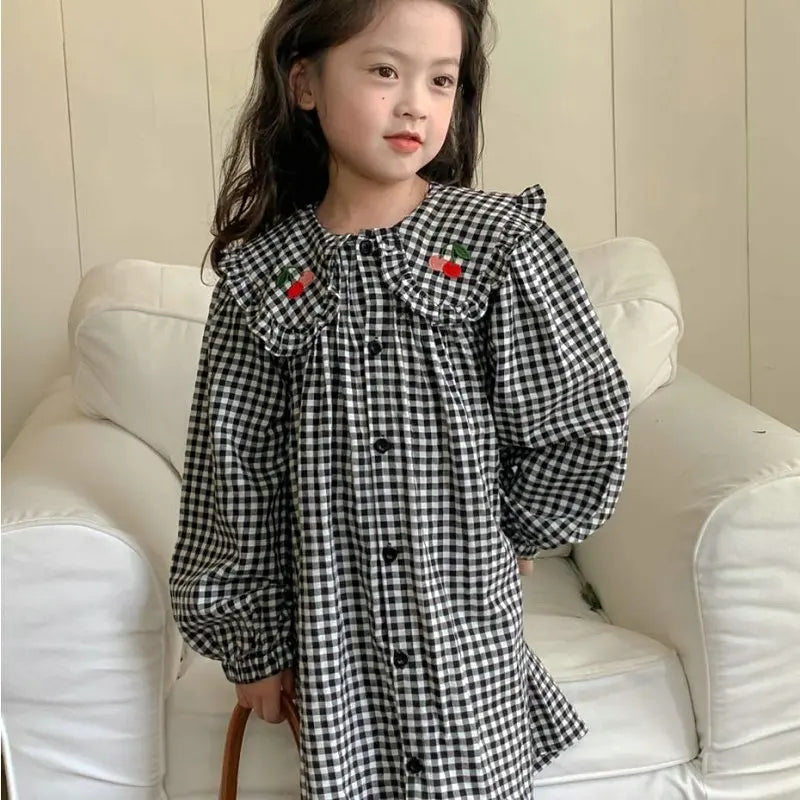 Girls Dress big collar cherry plaid dress princess Dress spring and autumn new style Clothes girls dresses