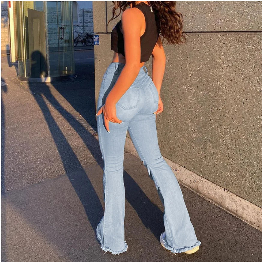 New High Waist Ripped Boot Cut Jeans For Women Fashion Stretch Knee Ripped Denim Flared Pants Casual Female Trousers