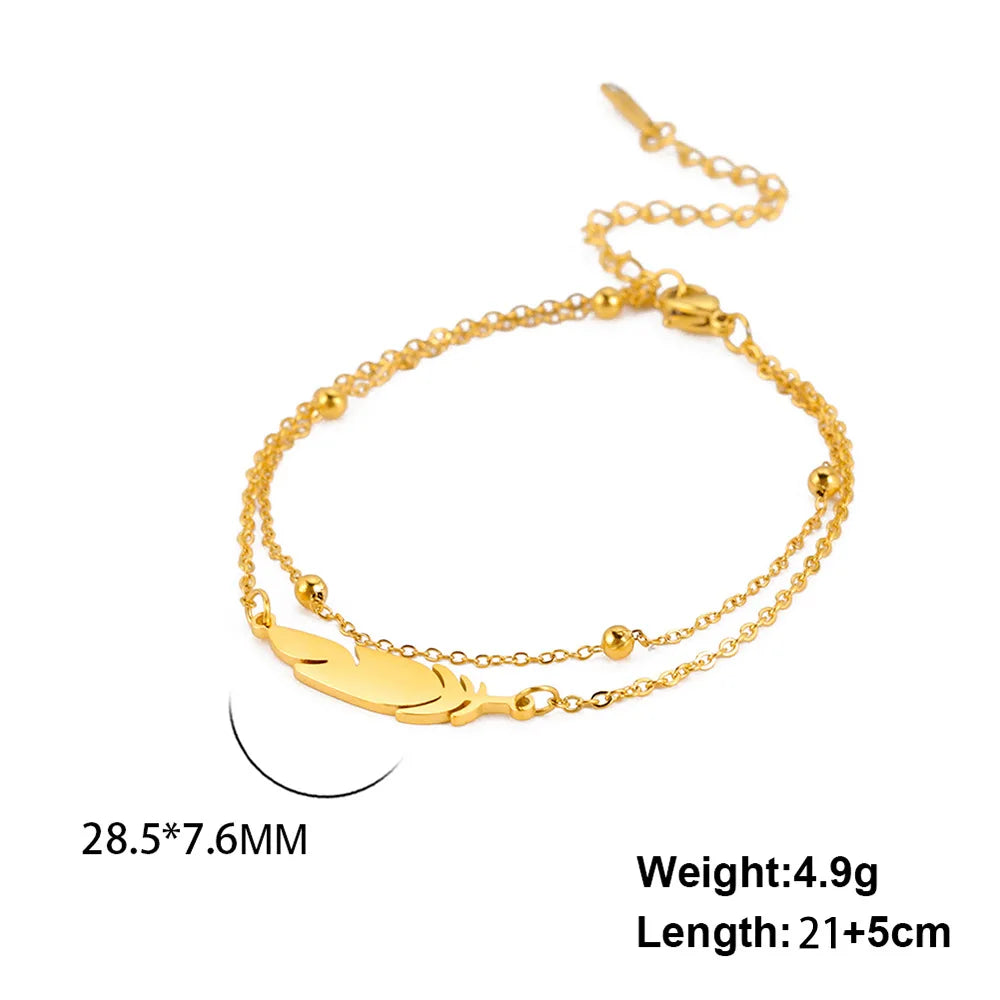 Simple Feather Stainless Steel Double Layer Bead Chain Ankle Anklets For Women Men Gold Silver Metal Anklet Daily Jewelry anklet