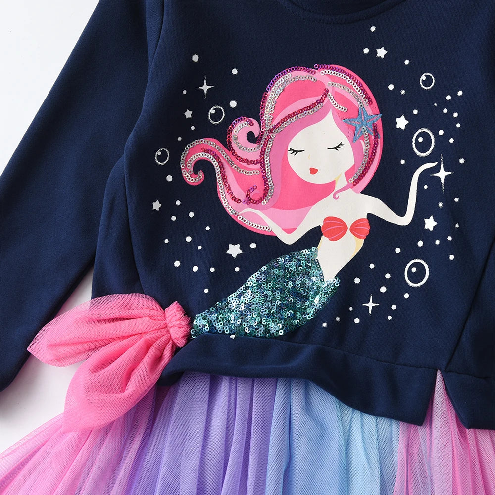 DXTON Children Sweater Dress For Girls Mermaid Patchwork Princess Tutu Dress Toddler Winter Clothing Cartoon Casual Girls dresses