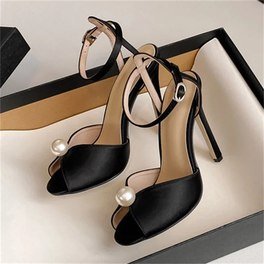 String Bead Open Toe Sandals Woman Ankle Buckle Strap Stiletto Heels Party Prom Shoes Summer Pumps Zapatos Mujer party sandal