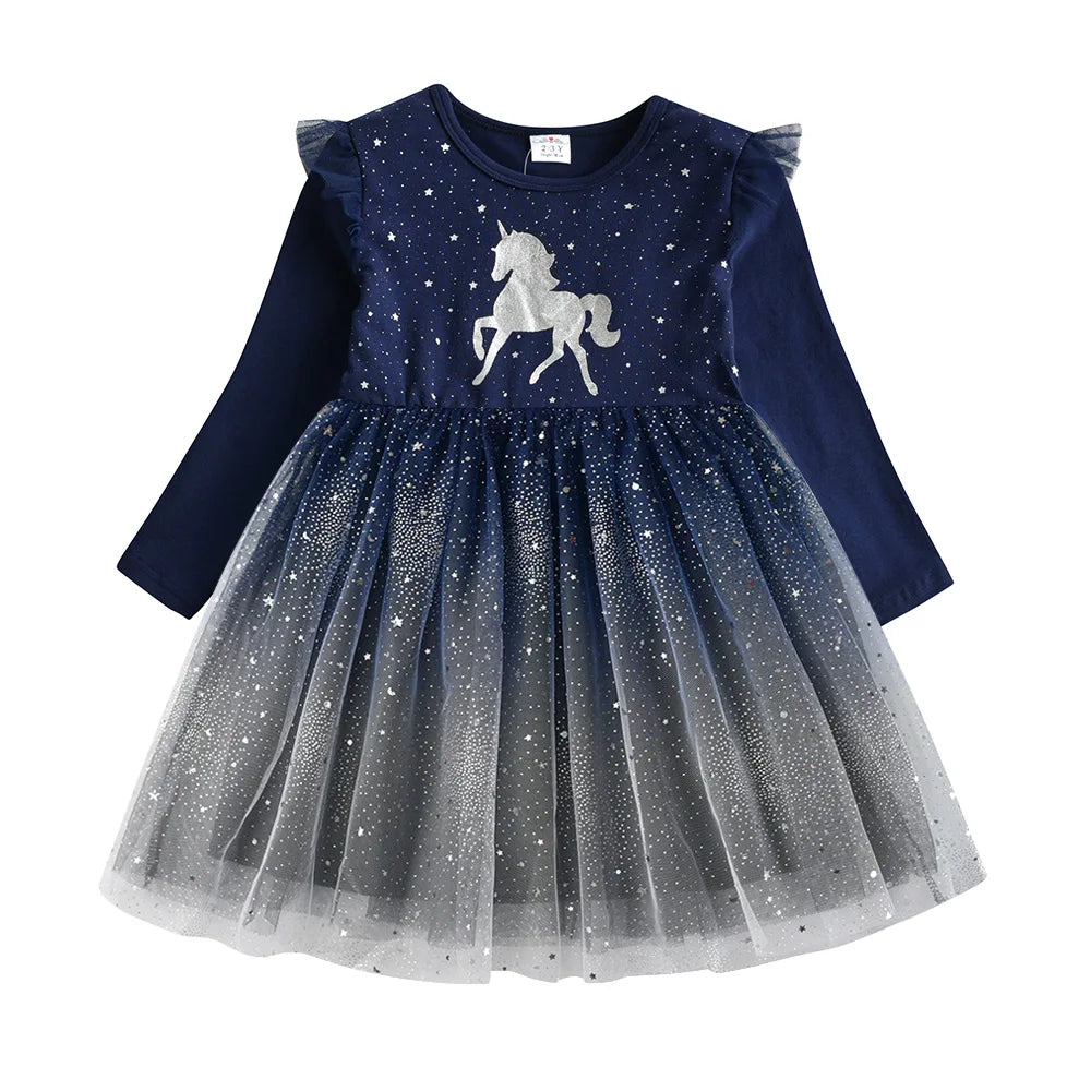 Kids Flare Sleeve Autumn Spring Dress Girls Licorne Cartoon Dress Kids Gradient Birthday Party Navy Princess Dresses girls dresses