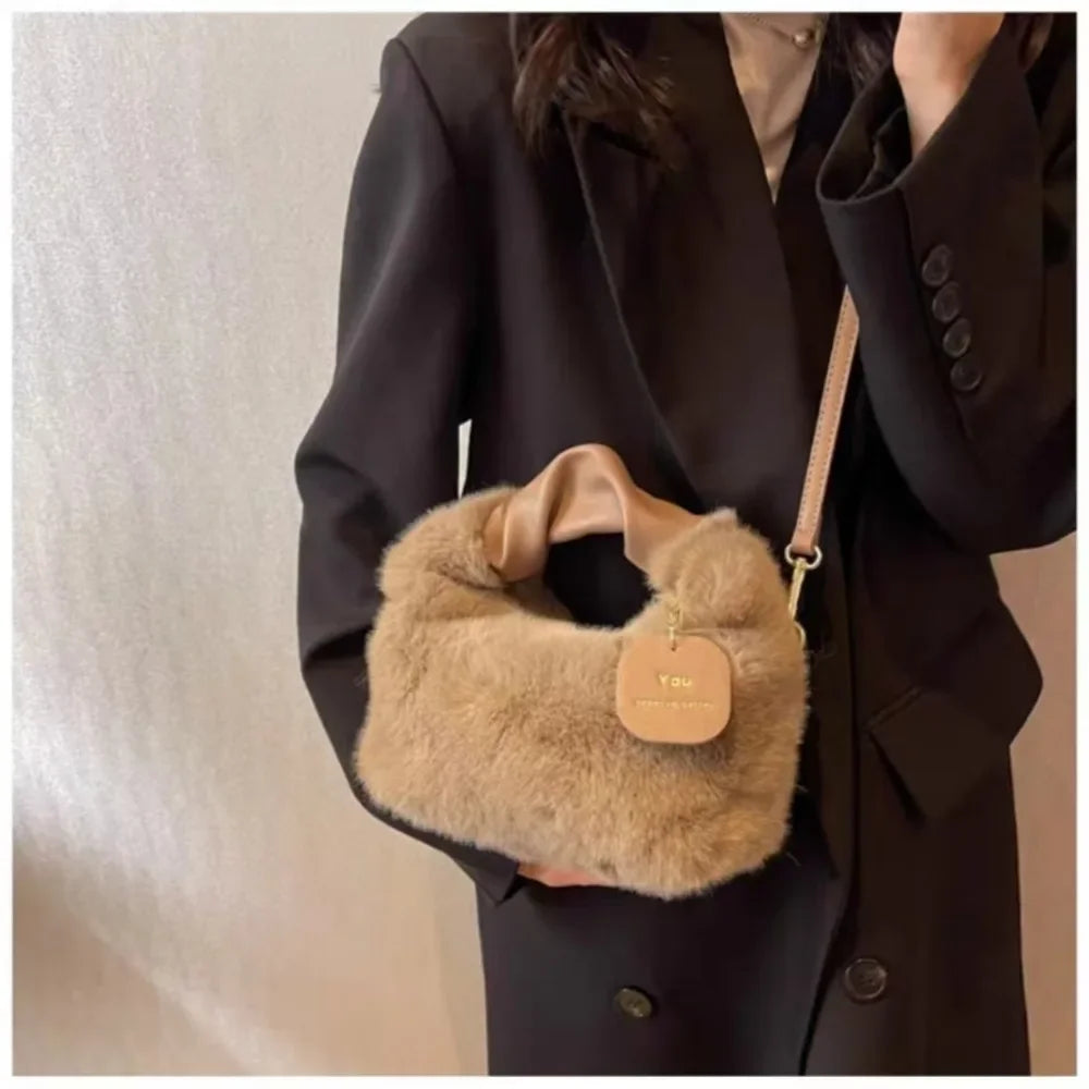 New Fashion Women Lady Shoulder Underarm Bag Solid Color Soft Plush Handbag Fluffy Totes Purse Autumn Winter Shopping Bags