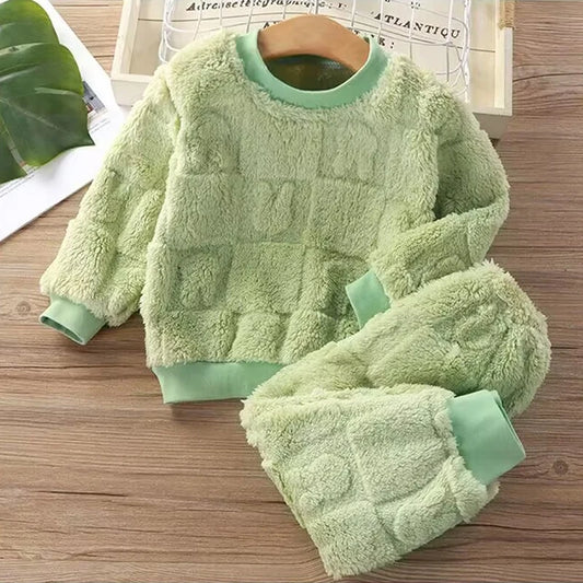 Baby flannel pajamas Korean casual solid color home clothing set for childrens long sleeved pajamas and girls warm underwear set night wear girls