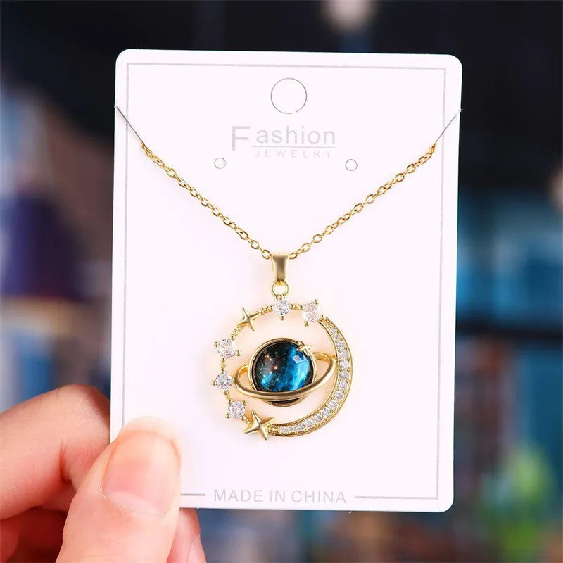 Luxury Inlaid Zircon Planet Moon Pendant Necklace For Women Titanium Steel Butterfly Water Drop Clavicle Chain Charm Jewelry  necklace