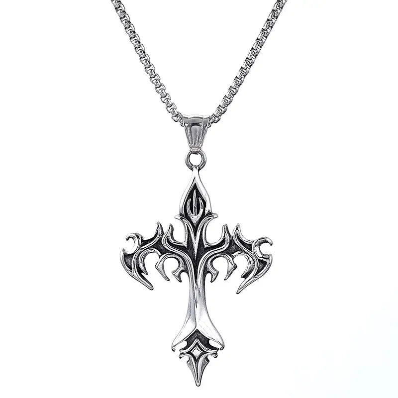 Hip Hop Fashion Jewelry Unique Design Stainless Steel Flame Cross Pendant Necklace Goth Necklaces Gift for Women Men  necklace