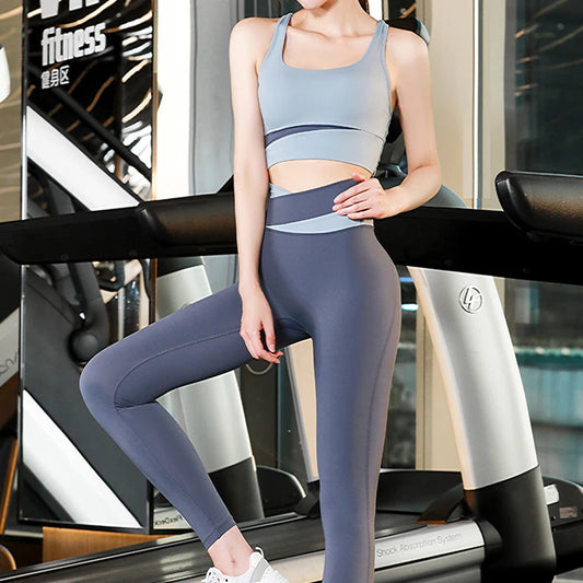 High Waist Yoga Set Lady Gym Suit Sport Set Shockproof Sport Bra Crop Top Patchwork Tracksuit Women Fitness Outfit Training Wear sports