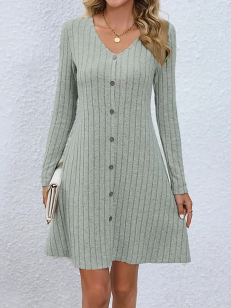 Women's V-Neck Button Dress Monochromatic A-line Casual Comfortable Spring Autumn Trend long dress