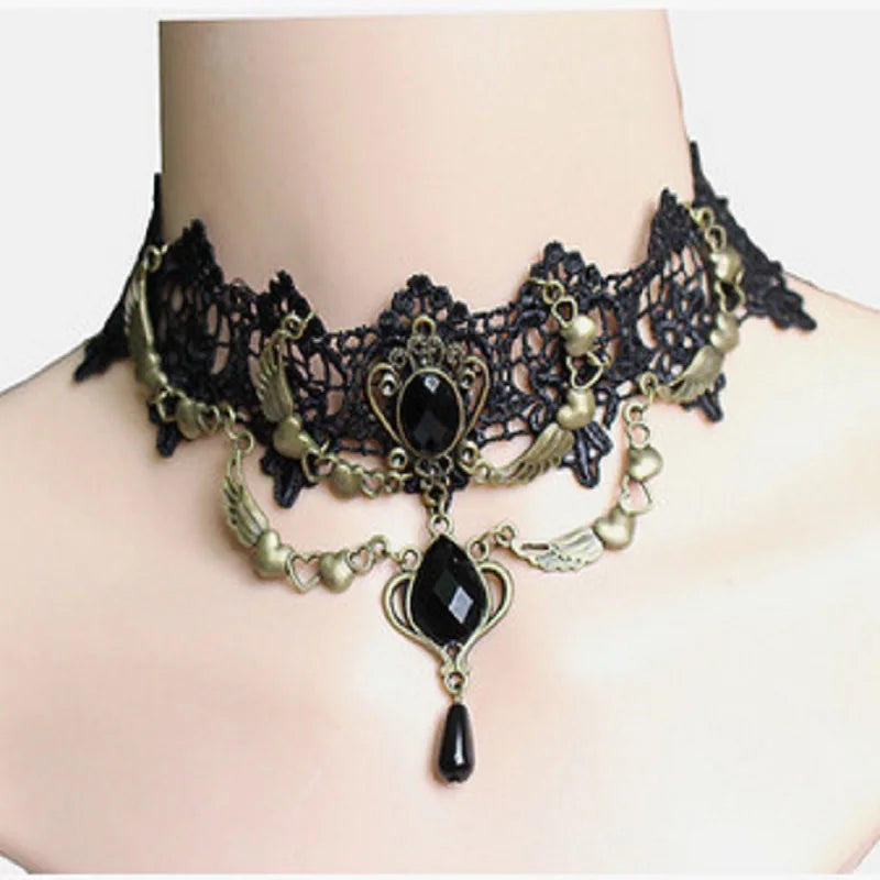 Gothic Victorian Black Lace Necklace Women Girl Boho Crystal Tassel Sexy Lace Choker Dark Loli Style Jewelry  necklace