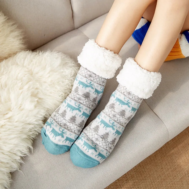 Winter Warm Socks Women penguin Plush Soft Female Non Grip Floor Slippers Short Sock Fuzzy Fluffy Deer Elk Bear Christmas Gift Socks