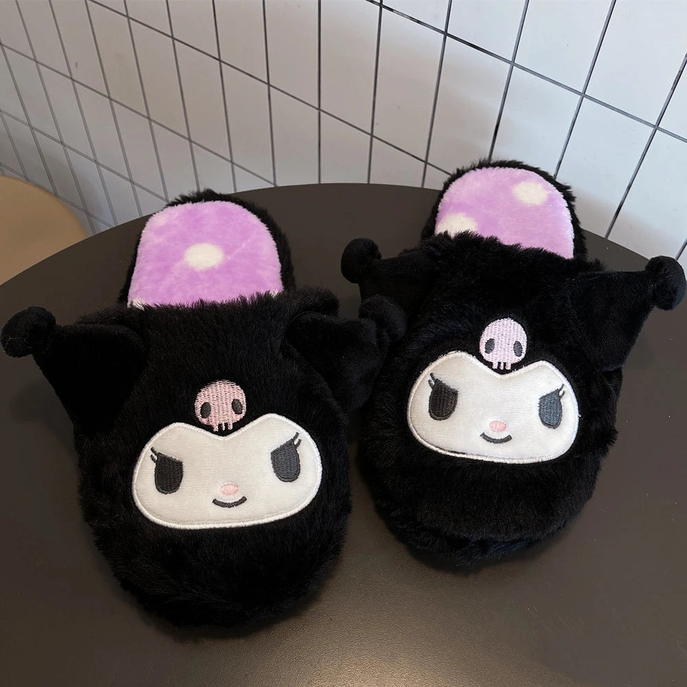 Kuromi My Melody Sanrio Cartoon Plush Slippers Floor Slippers Warm Winter Indoor Slippers Flat Casual Non-slip Girl Home Shoes