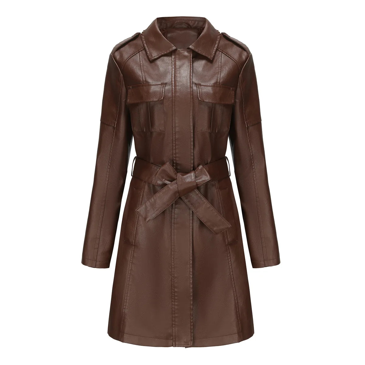 Women's Mid-length Leather Trench Coat with Belt，Solid Color