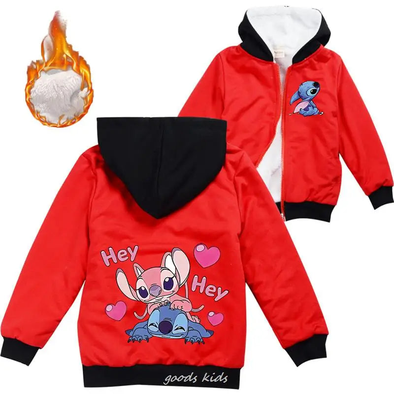 Lilo And Stitch Kids Jackets Boys Winter Thick Coats Warm Fur Outerwear For Youth Girls Hooded Jacket Children's Clothes 2-16Y  girls jackets and coats