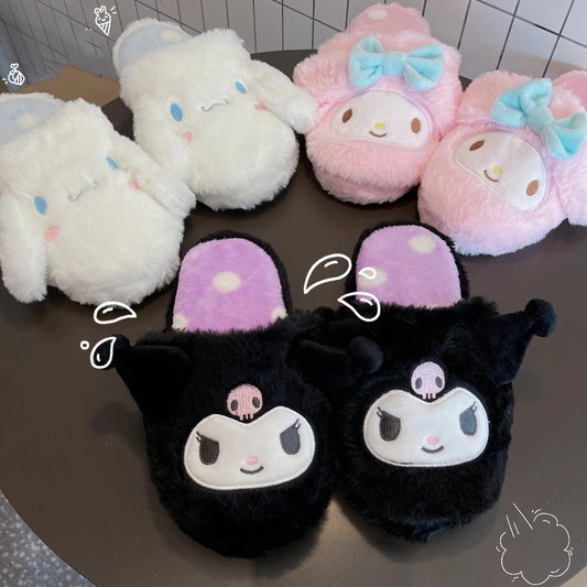 Kuromi My Melody Sanrio Cartoon Plush Slippers Floor Slippers Warm Winter Indoor Slippers Flat Casual Non-slip Girl Home Shoes