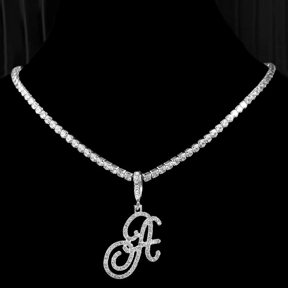 New Cursive Letters Cubic Zirconia Chain Intial Name Necklace Hip Hop Jewelry Gold Silver Color CZ 26 Alphabet Pendant Necklaces necklace