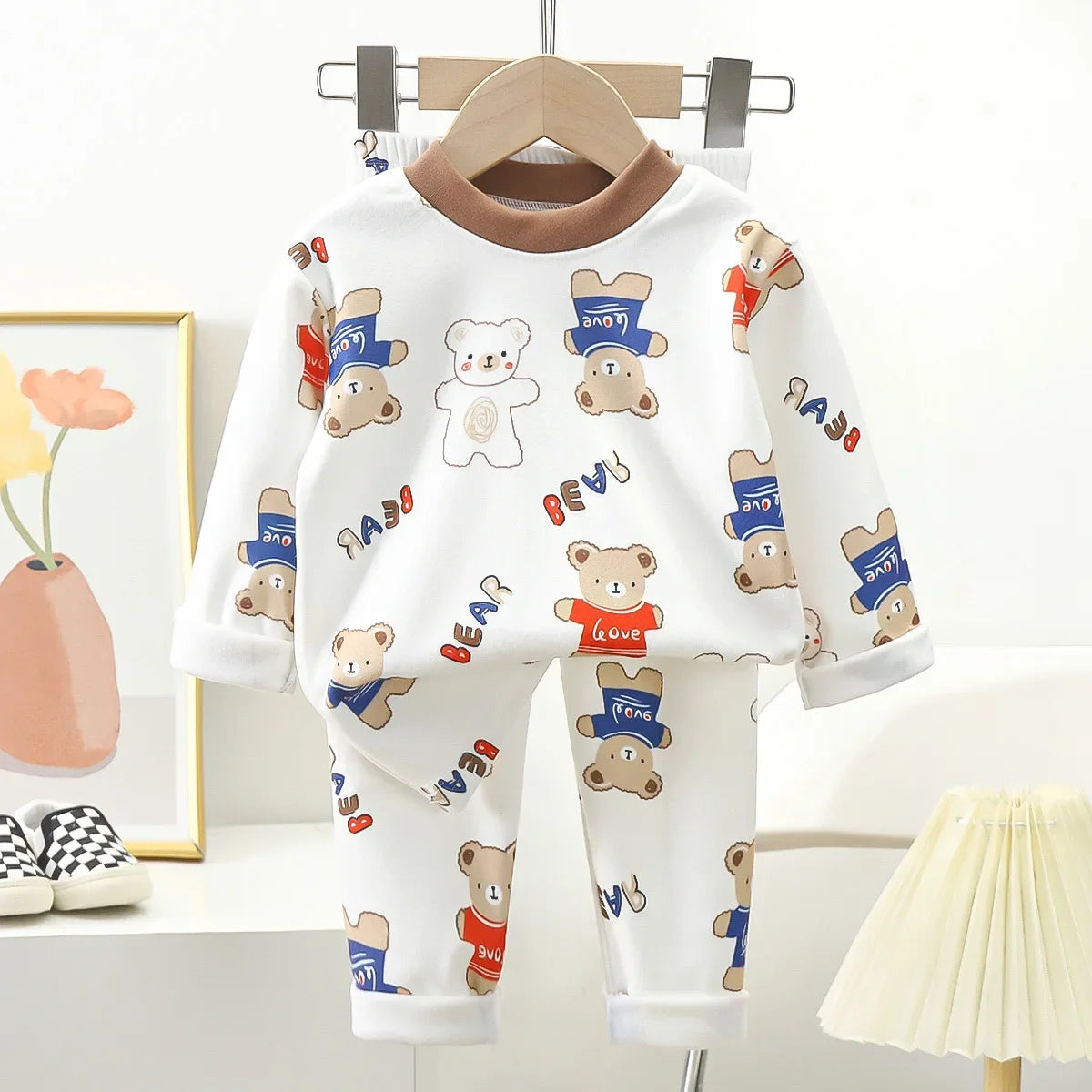 New Kids Autumn Warm Pajamas Boys Girls Cute Cartoon Bear Long Sleeve T-Shirt Top + Pants Baby Sleepwear Underwear Clothing Sets night wear girls