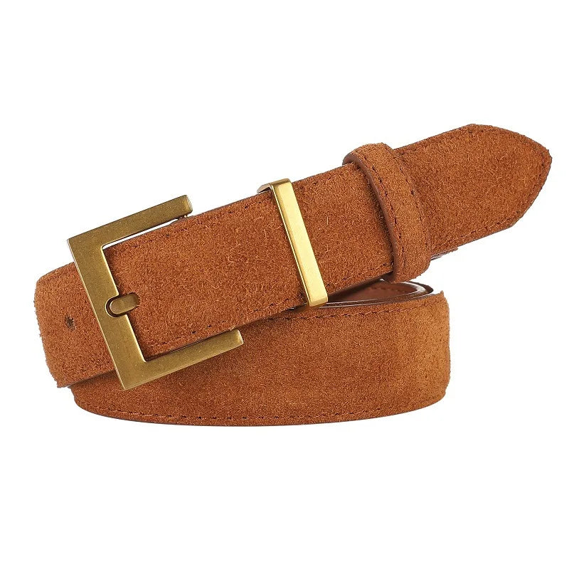 Women Luxury Brand Double Genuine Leather Belt, Casual Cowhide Suede Belts with Square Alloy Buckle for Jeans and Dresses belt