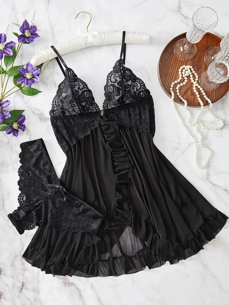 Contrast Lace Ruffle Trim Lingerie Set, Deep V Slip Dress & Thong, Women's Sexy Lingerie & Underwear night wear