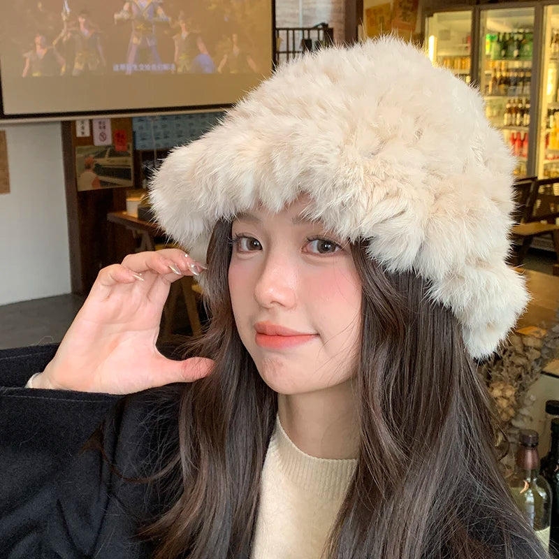 New Real Rabbit Fur Fisherman's Hat For Women Winter Warm Rabbit Fur Caps Soft Natural Rabbit Fur Hats Female Fashion Fur Cap