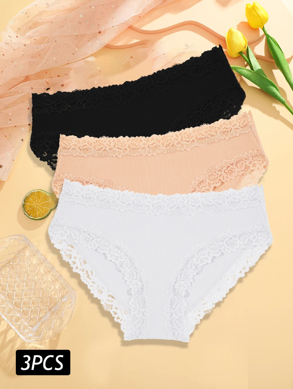 3PCS/Set Sexy Lace Cotton Panties for Women Flroal Lace Seamless Briefs Low Rise Lingerie Female Breathable Soft Underwear S-XL undergarments