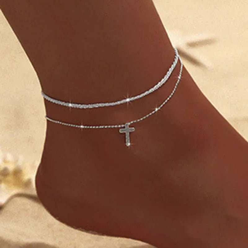 Thin Chain Anklet For Women Zircon Heart Cross Pendant Double Layer Bracelet On Leg Foot Trendy Summer Beach Jewelry anklet